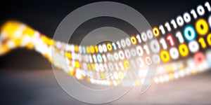 Digital data stream flowing through dark space, abstract binary code representing internet and cyber technology