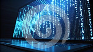 Digital Data Stream Flowing on Laptop Screen Binary Code Technology Background AI generated.