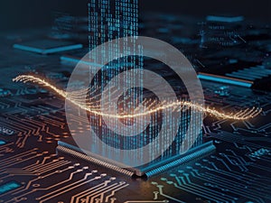 Digital data stream flowing from microchip on circuit board with binary code technology