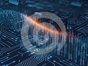 Digital Data Stream Flowing Over Circuit Board with Orange Glow technology binary code