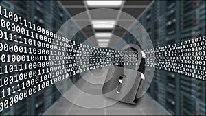 Digital data stream flows through closed padlock - series of binary code on blurred data server room background