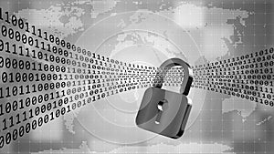 Digital data stream flows through closed padlock - series of binary code on world map background - internet security and protect