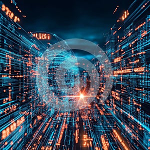 Digital data stream, futuristic data transfer, high-speed internet, cloud computing, ICT concept