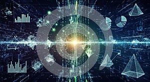 Digital data stream with geometric shapes and binary code in a futuristic abstract background