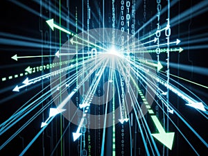 Digital data stream with glowing arrows and binary code