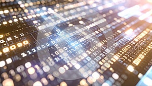Digital data stream with glowing binary code and abstract technology background representing information technology and data