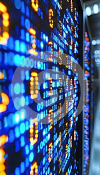 Digital data stream with glowing binary code encryption concept on pixelated digital interface.