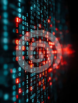 Digital data stream with glowing binary code in a futuristic cyber environment