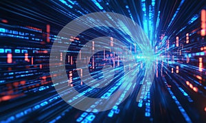 Digital data stream with glowing binary code and vibrant blue light effects