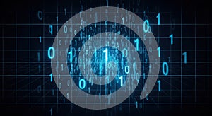 Digital data stream of glowing blue binary code with futuristic digital grid overlay