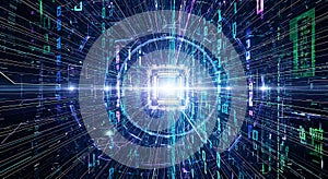 Digital data stream with glowing central processor and binary code abstract artificial