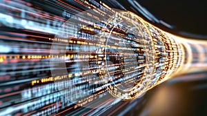 Digital Data Stream: Glowing Cyber Tunnel of Binary Code and Circular Data Structure