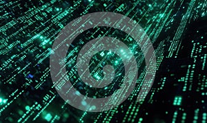 Digital data stream, glowing green binary code, abstract technology background, futuristic design, matrix effect