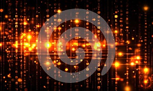 Digital data stream with glowing orange lights, abstract background featuring binary code and bright particles