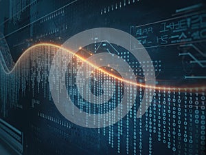 Digital data stream with glowing orange wave and circuit board patterns technology binary code