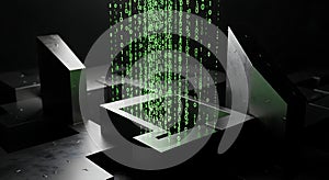 Digital Data Stream - Green Binary Code Falling into Abstract Futuristic Technology Structure