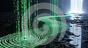 Digital Data Stream Green Binary Code Flows to Bright Light