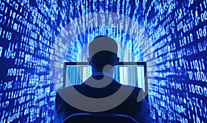 Digital data stream, man in suit, computer screen, binary code, technology concept