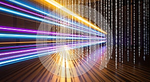 Digital data stream with neon light streaks and binary code falling effect