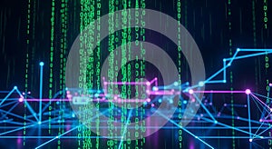 Digital Data Stream and Network Connections - Green Binary Code and Blue Network Visualization