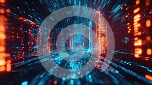 Digital data stream passing through abstract cyberspace tunnel