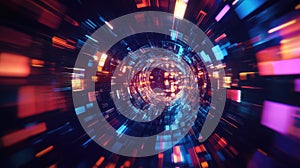 Digital data stream passing through abstract light tunnel