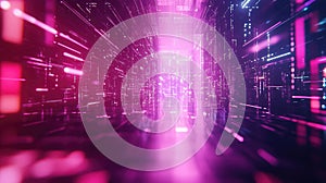 Digital data stream passing through abstract neon tunnel