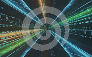 Digital data stream tunnel with binary code and global network lines