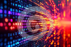 Digital data stream with vibrant binary code and colorful glowing elements