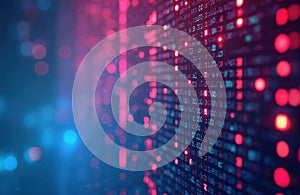 Digital data stream visualization. Abstract background with blue and red bokeh lights and data code. Modern design for tech and