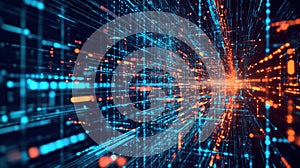 Digital data stream visualization with glowing lines and particles