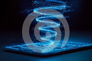 Digital data stream visualization with glowing spiral effect