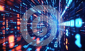 Digital Data Stream Visualizing Cyber Space with Glowing Binary Code and Matrix Effect