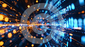 Digital data streaming through cyberspace abstract background, binary code ticker display flowing with vibrant bokeh