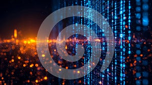 Digital data streams and binary code in futuristic technology environment