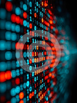 Digital data streams with binary code in vibrant red and blue hues