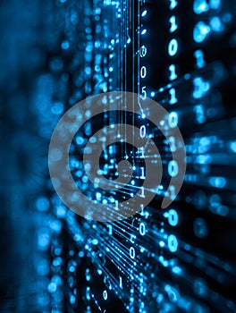 Digital data streams and binary code visualization in a high-tech environment