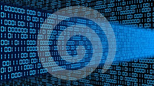Digital data streams flow into each other - series of binary code in blue color