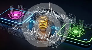 Digital data transfer between futuristic interfaces with abstract network graph