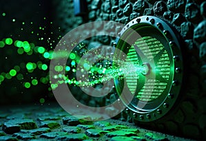 Digital data transfer represented by green binary code emerging from a
