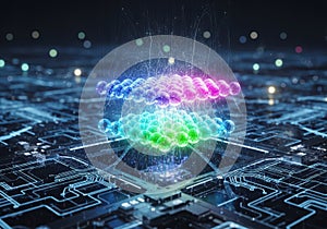 Digital data transfer visualization on futuristic circuit board