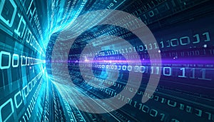 Digital data tunnel with binary code, abstract information highway concept