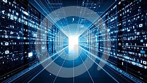 Digital data tunnel with binary code and bright light at the end perspective