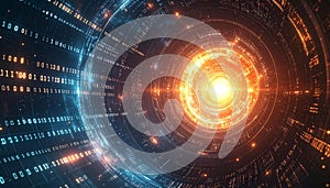 Digital Data Tunnel with Binary Code and Glowing Core