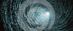 Digital data tunnel with binary code vortex and glowing center