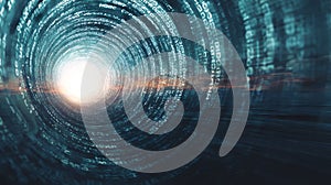 Digital data tunnel with binary code vortex and glowing center