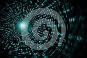 Digital data tunnel with binary code vortex and glowing center