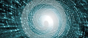 Digital data tunnel with binary code vortex and glowing center