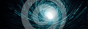 Digital data tunnel with binary code vortex and glowing center