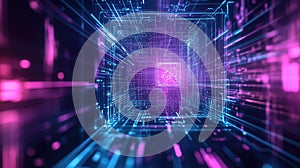 Digital data tunnel with glowing processor core